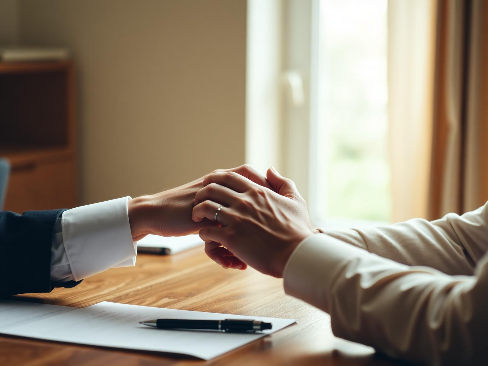 Consultant offering a supportive handshake across a desk